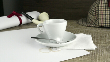 Coffee cup, paper sheets and detective hat