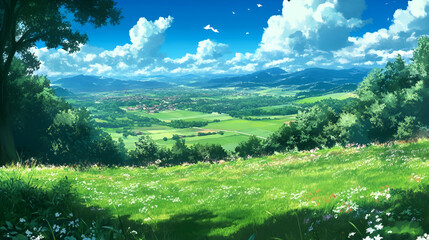 Idyllic Summer Village Landscape Under Blue Sky