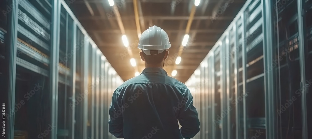 Poster engineer in hard hat inspecting server room at data center. network security, technology concept.