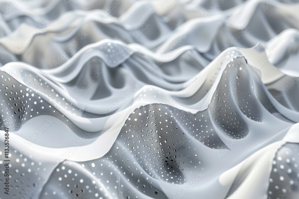 Poster abstract gray and white wavy textile surface with perforated design: 3d render of modern fabric text