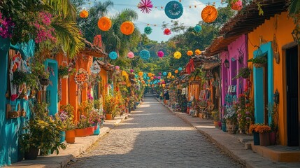 Fototapeta premium Vibrant street, colorful buildings, festive decorations.