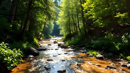 Obraz premium Serene River Twilight in Verdant Forest, Clear Blue Sky