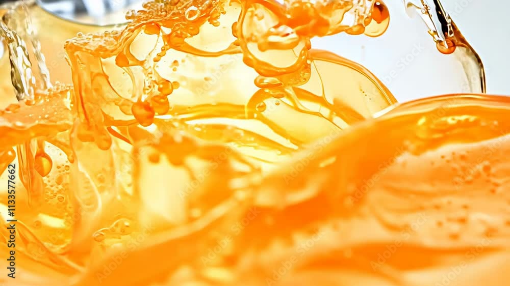 Poster vivid orange substance flows smoothly, creating mesmerizing patterns in a bright, lively environment