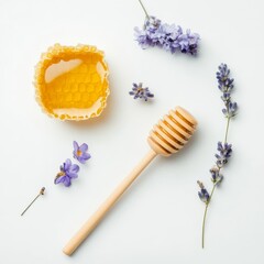 Honey, honeycomb, dipper, white.