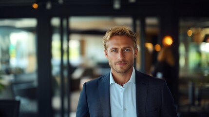 Fototapeta premium Man in a suit and tie is standing in front of a building
