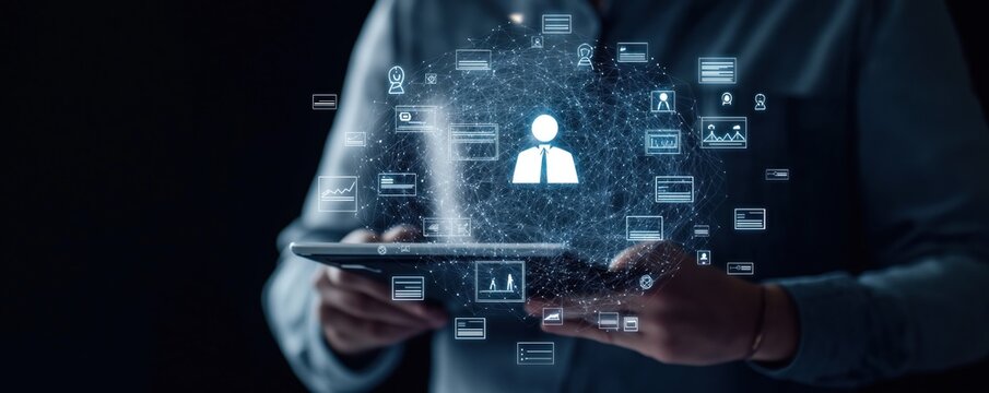 Person holds tablet. Digital online recruitment interface. Headhunting process for team building. EIDE candidate search. Modern HR tech solutions. Digital platform. Candidate profiles displayed.