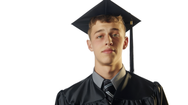 American young male in university graduate uniform and graduate cap on white background