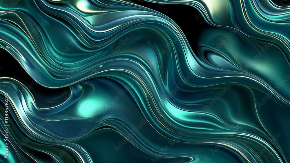 Poster flowing waves of vibrant teal and silver create a mesmerizing abstract display in a captivating arti