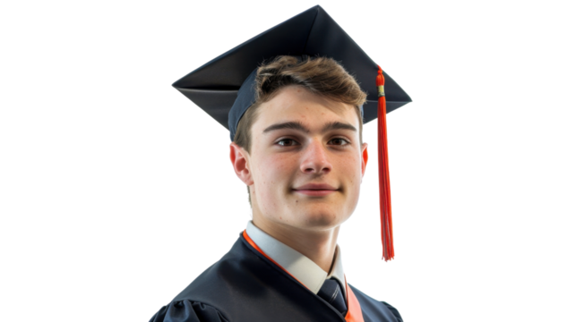 American young male in university graduate uniform and graduate cap on white background