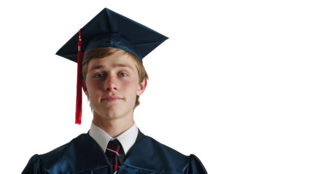 American young male in university graduate uniform and graduate cap on white background