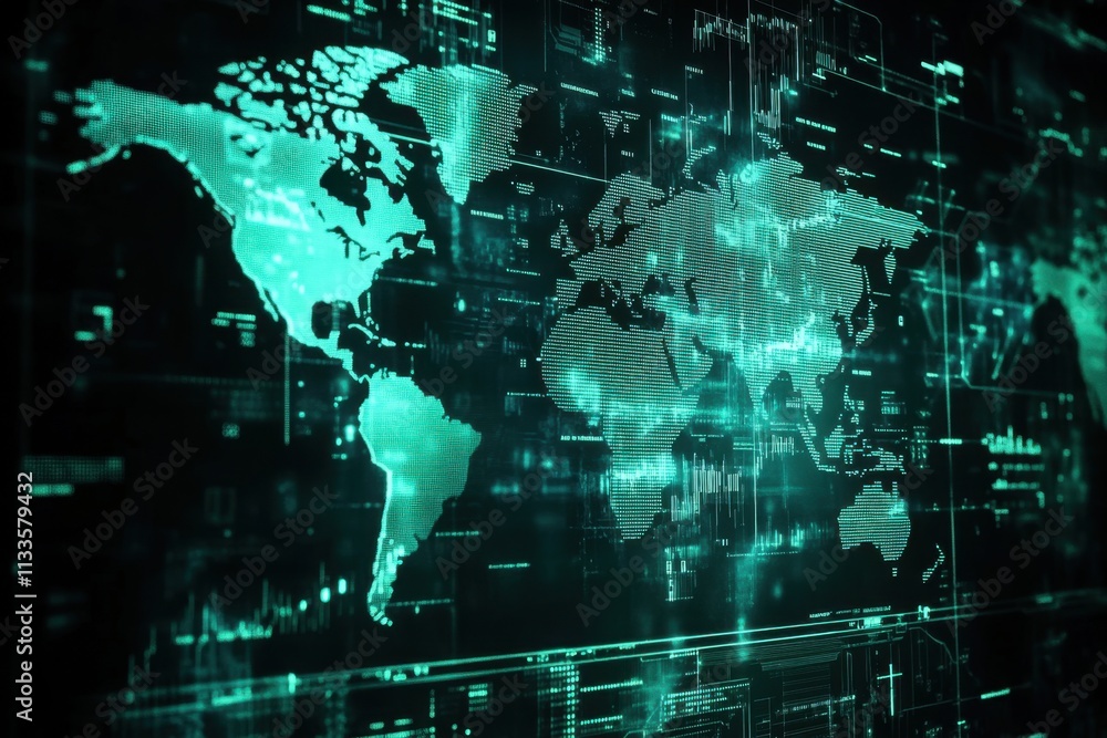 Poster digital background featuring global stock market charts and a world map, representing the concept of