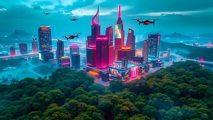 Obraz premium Cyberpunk Cityscape with Flying Planes and Lush Trees