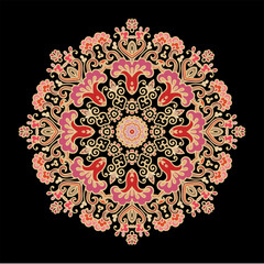 Golden red coloring decorative rosette - mandala on dark background