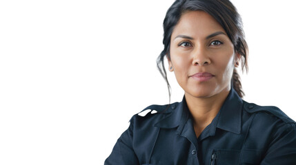 A police officer mexican middle age woman on white background
