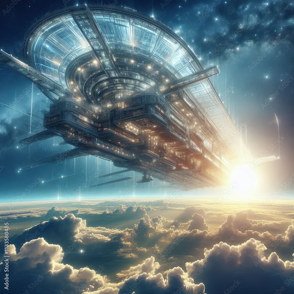 Poster a gigantic futuristic spaceship soars above the clouds as the sun sets on the horizon, creating a dr
