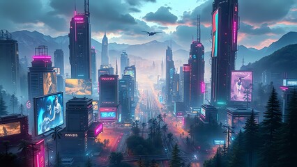 Vibrant Cyberpunk Cityscape with Mountain Backdrop