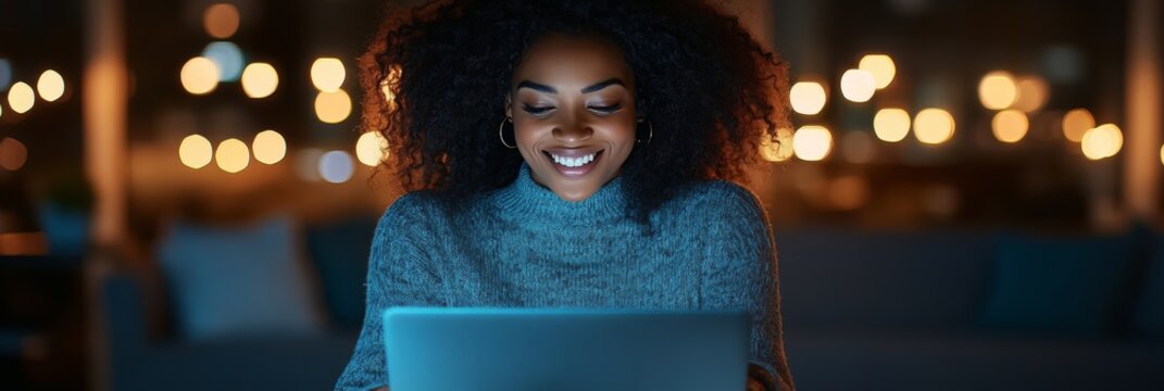 Smiling Young Woman Using Laptop in Cosy Atmosphere with Warm Lights, Night Indoor Portrait.