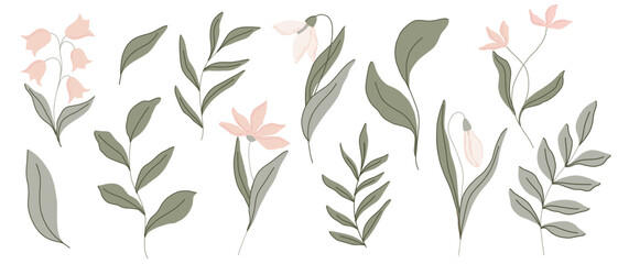 Elegant botanical flat illustration with soft green leaves and pastel pink flowers, lilies of the valley and snowdrops. Minimalist design with a muted color palette, perfect for spring decor