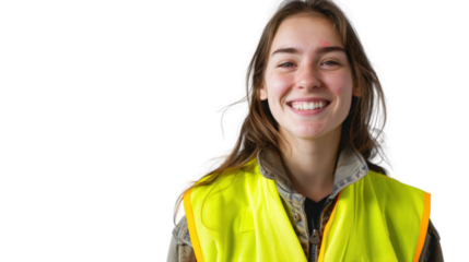 American caucasian young female engineer on white background
