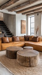 An industrial loft apartment living room with exposed brick walls, metal beams, and leather sectional sofas paired with rustic wooden coffee tables