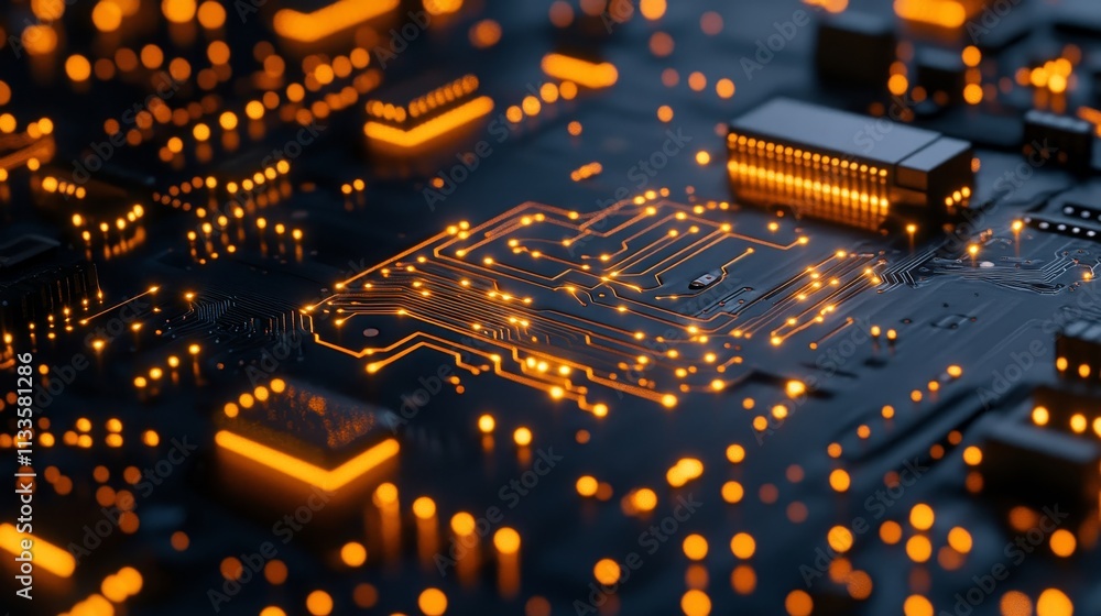 Poster glowing circuitry and data on futuristic motherboard depicting power of computing technology
