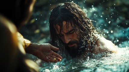 Jesus Christ Walking on Water Lends Hand to Peter who Sinks in Waves, Biblical New Testament Christianity Scene