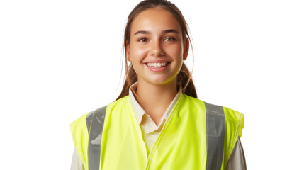American caucasian young female engineer on white background
