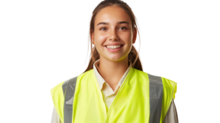 American caucasian young female engineer on white background
