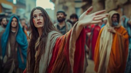The Woman with the Issue of Blood Reaches out to Touch Jesus' Garment in Crowded Street, Biblical New Testament Depiction