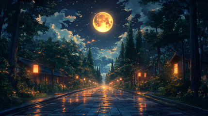 Obraz premium Night Street Scene Underneath a Large Orange Moon
