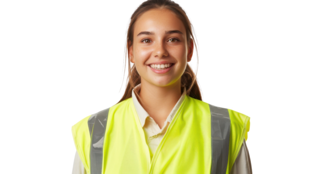 American caucasian young female engineer on white background
