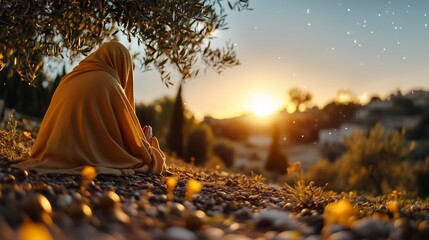 Jesus Christ Kneels in Prayer at the Garden of Gethsemane Under Olive Trees, Biblical New Testament Depiction, Copy Space