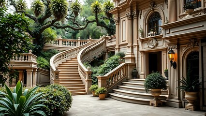 Victorian Building with Lush Garden and Grand Stone Staircase