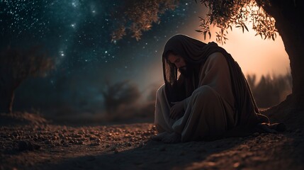 Jesus Christ Kneels in Prayer at the Garden of Gethsemane Under Olive Trees, Biblical New Testament Depiction, Copy Space