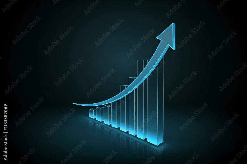 Poster a glowing blue 3d graph showing an upward trend with an arrow on a dark background.