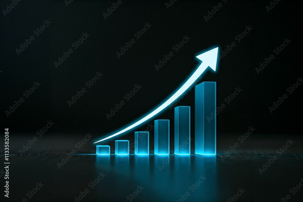 Poster a glowing blue 3d graph showing an upward trend with an arrow on a dark background.