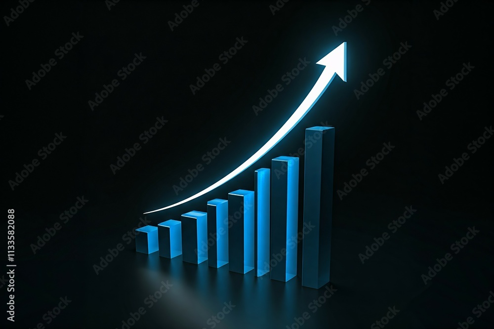 Poster a glowing blue 3d graph showing an upward trend with an arrow on a dark background.