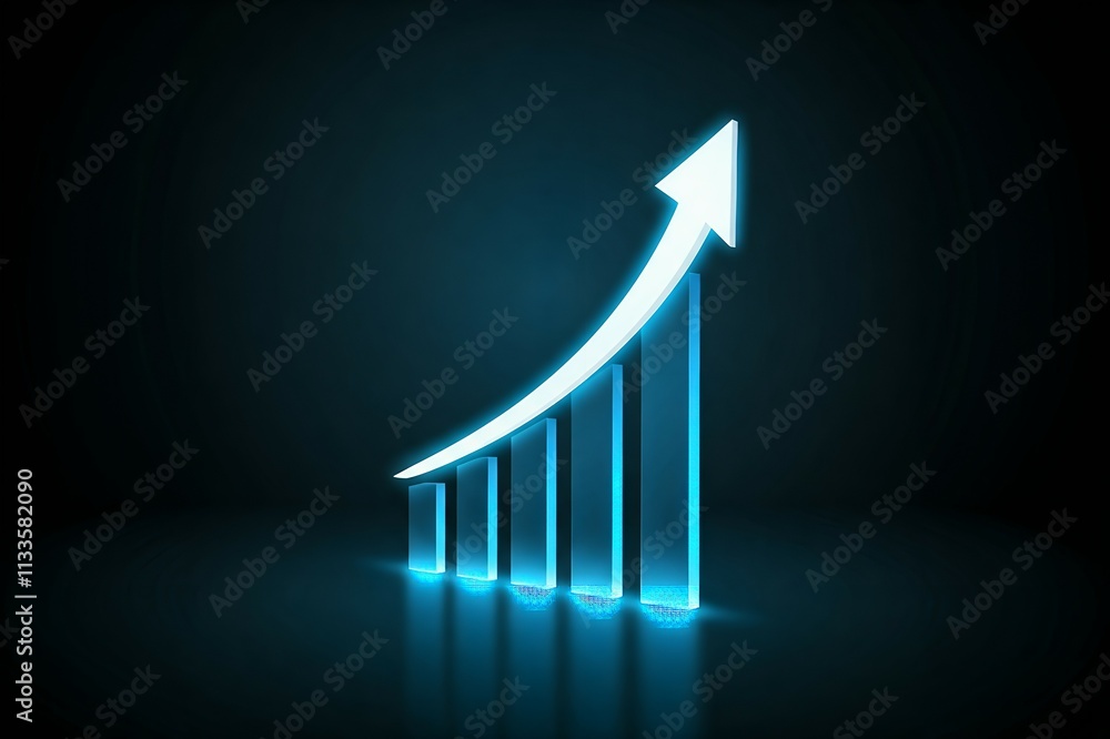 Poster a glowing blue 3d graph showing an upward trend with an arrow on a dark background.