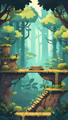 Mobile game asset: 2d forest environment, woods and steps. Level design, cartoon style, platform 