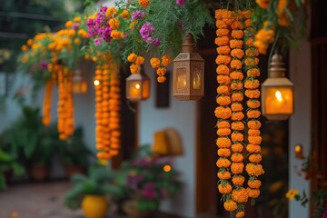 Traditional Indian home decorated with marigold flower garlands, hanging lanterns. Warm orange marigold garlands adorn entranceway. Ornate lanterns add touch of elegance. Scene evokes festive