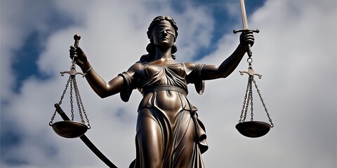 Low-angle shot of Lady Justice holding scales, symbolizing law and balance against a soft sky backdrop with ample space for text (12)