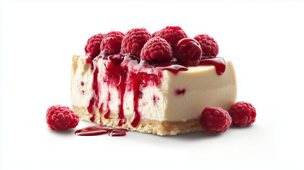 Raspberry cheesecake slice with dripping berry sauce