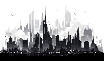 Naklejka premium City skyline with tall buildings and a few birds flying in the sky