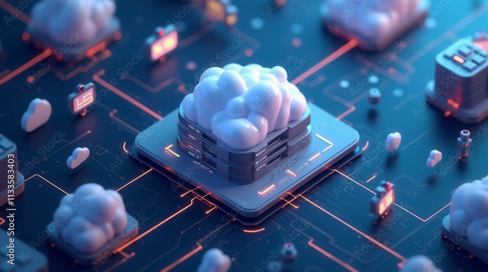 Poster isometric cloud storage for downloading, representing a digital service or application facilitating 