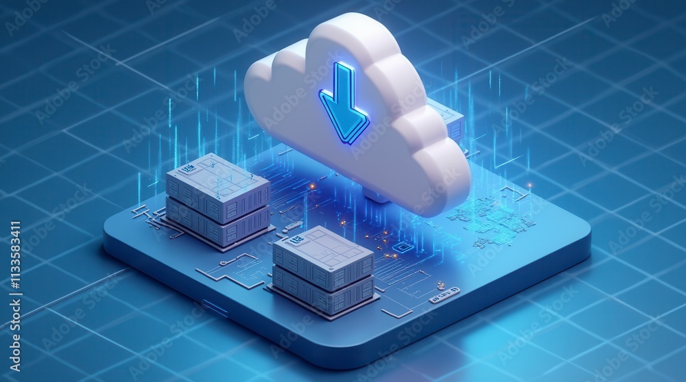 Poster isometric cloud storage for downloading, representing a digital service or application facilitating 