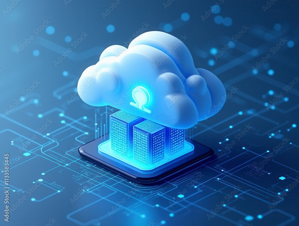 Poster isometric cloud storage for downloading, representing a digital service or application facilitating 