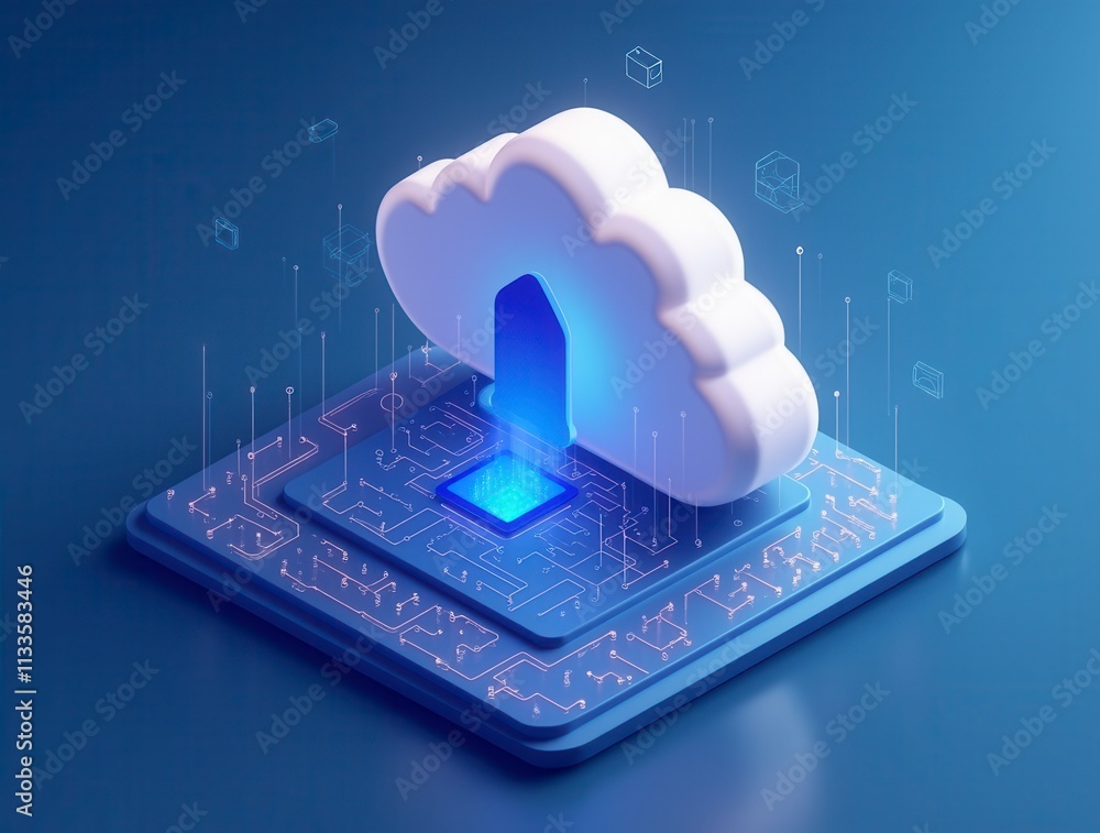 Poster isometric cloud storage for downloading, representing a digital service or application facilitating 