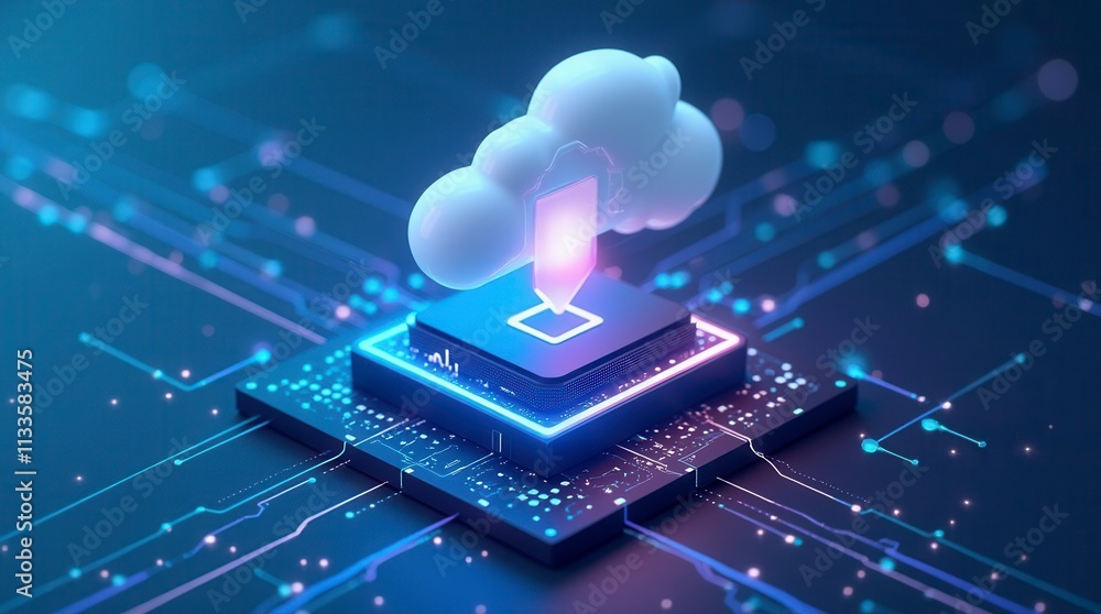 Poster isometric cloud storage for downloading, representing a digital service or application facilitating 
