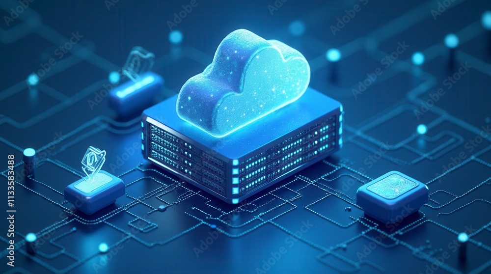 Poster isometric cloud storage for downloading, representing a digital service or application facilitating 