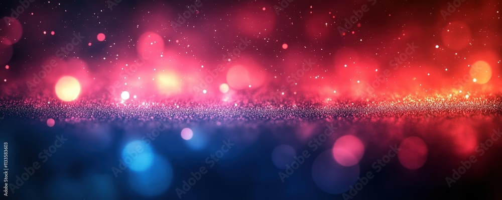 Poster blurred abstract background features red, blue gradient. sparkling glitter texture creates soft ligh